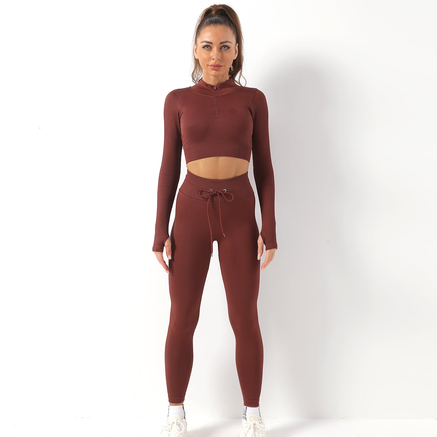 Avurer FitFusion 2-Piece Set — Long-Sleeve Top & Leggings - Coffee