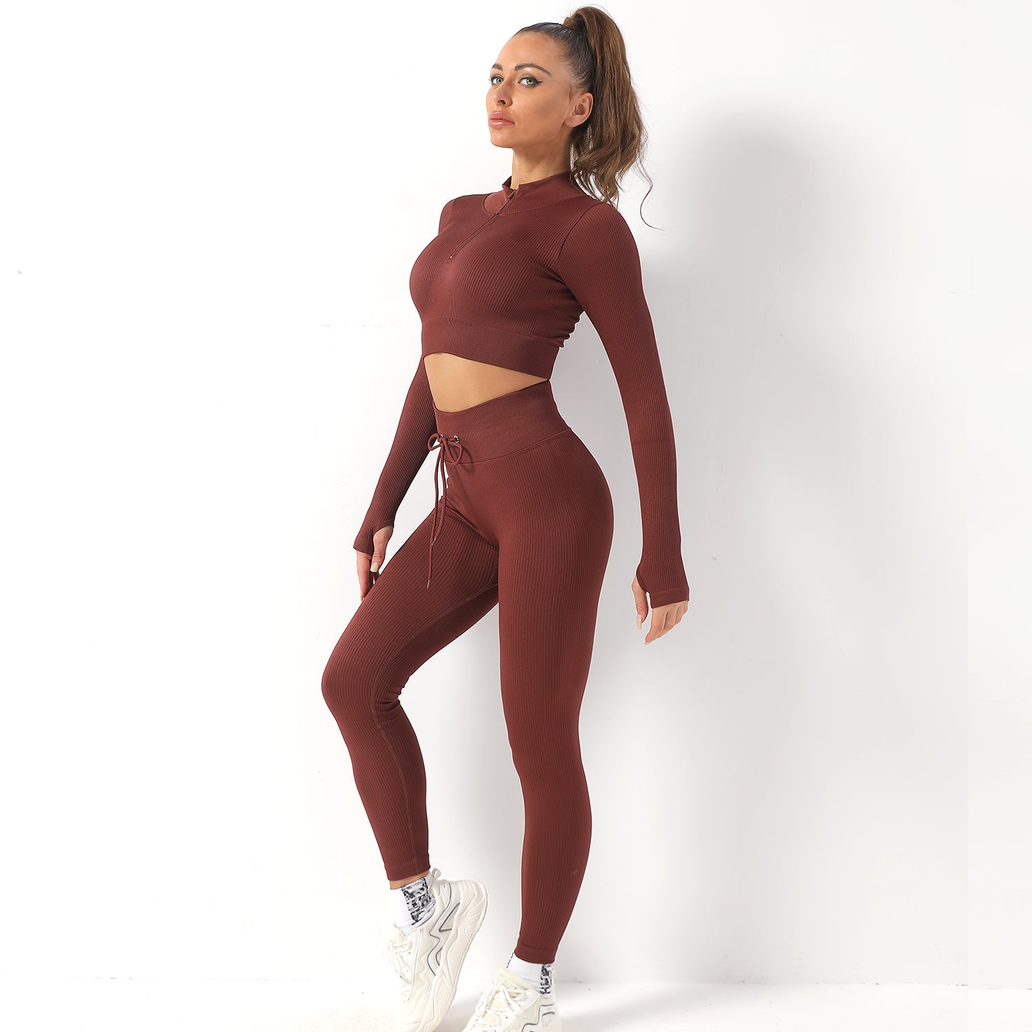 Avurer FitFusion 2-Piece Set — Long-Sleeve Top & Leggings - Coffee
