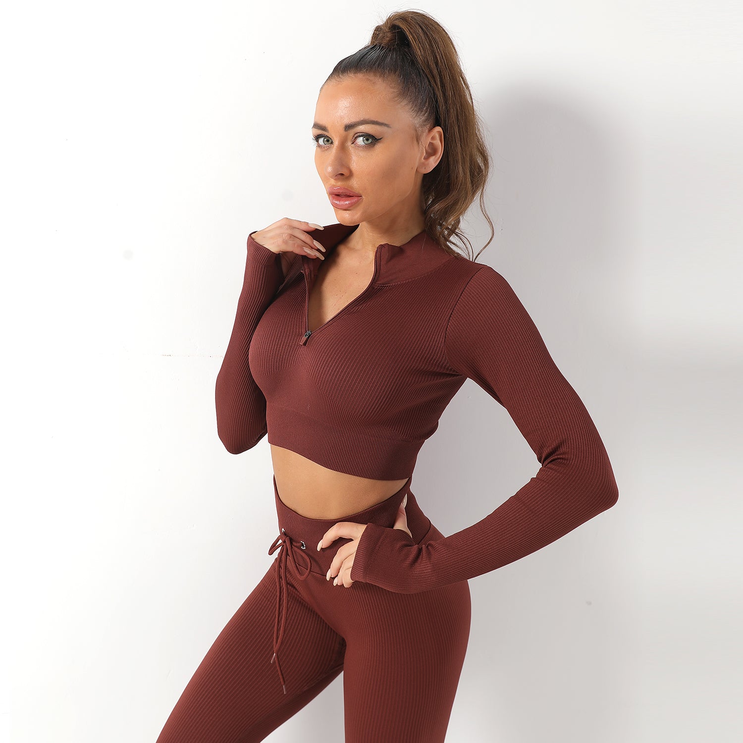 Avurer FitFusion 2-Piece Set — Long-Sleeve Top & Leggings - Coffee